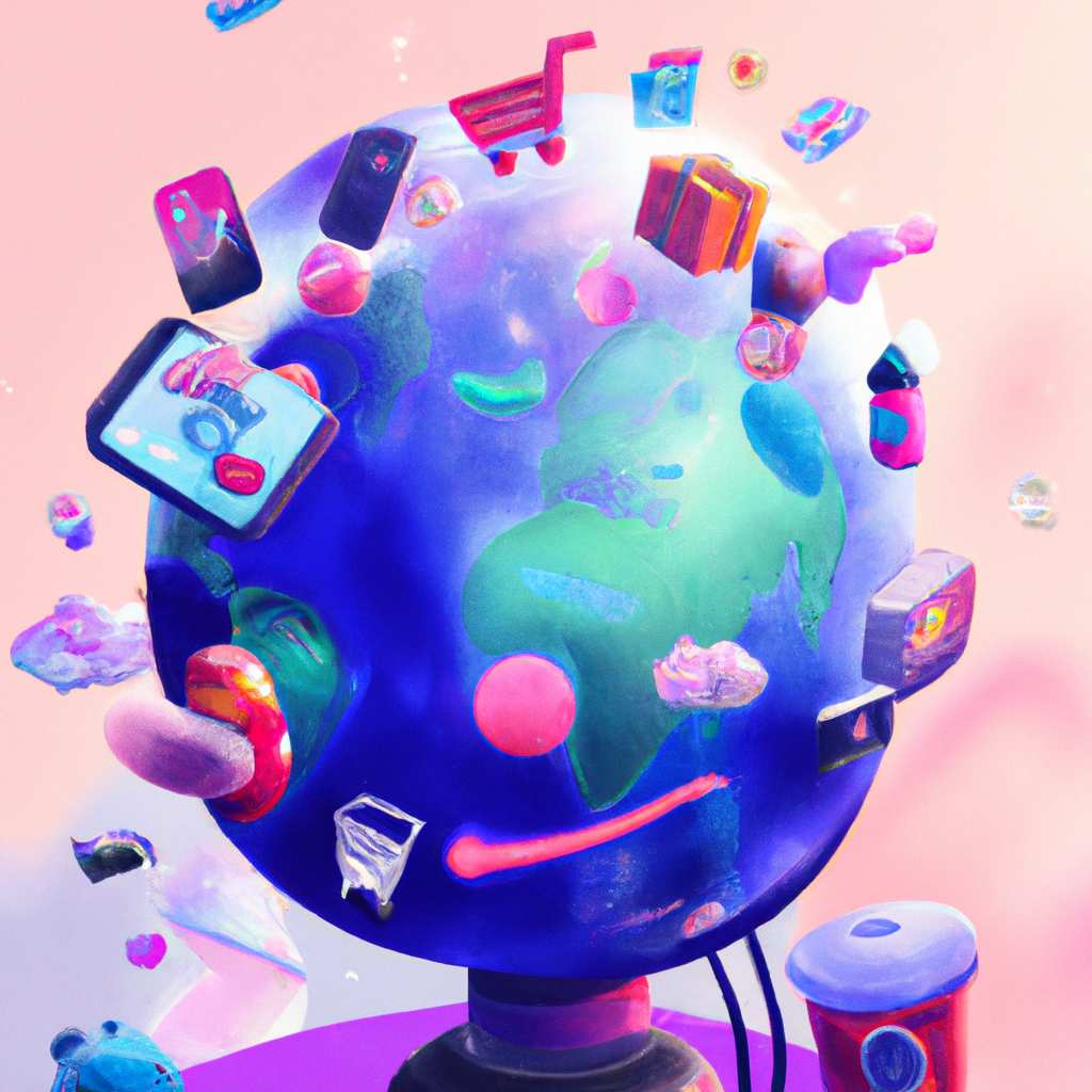 ilustração de um comércio eletrônico mundial completo, design moderno, para a web, fofo, feliz, 4k, alta resolução, tendência no artstation